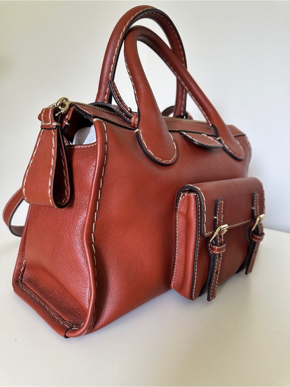 CHLOE Edith Classic Cognac Brown Leather Satchel Handbag Removable Strap - Picture 5 of 15